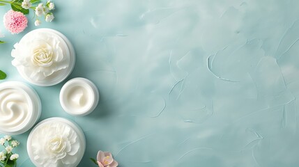 Therapy cream photo, gentle natural colors, topdown perspective, sleek and modern containers, therapeutic ambiance, clean and elegant design, skincare focus