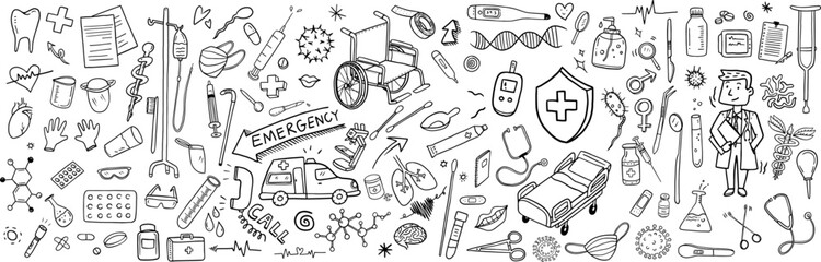 Hospital and medication elements in style hand drawn doodles illustration