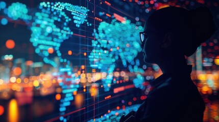 Silhouette of a person analyzing global data on a digital screen with a futuristic city background, representing technology and big data. Media Decor