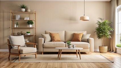 Cozy living room interior with beige sofa and chair, room, interior, beige, sofa, chair, cozy, living, home, furniture