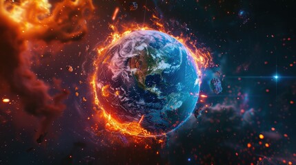 A stunning digital illustration of planet Earth engulfed in flames, symbolizing a sci-fi apocalyptic scenario or climate change impact.