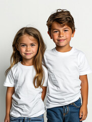 Two Smiling kids- A Boy and a Girl in White Short Sleeve Round Neck T-Shirts Mockup 