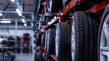 Fototapeta premium rack with tires for cars, tire service station