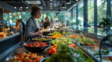 Fototapeta premium Chef preparing fresh salads and vegetables at a vibrant modern food buffet in a sunlit restaurant with green outdoor views.