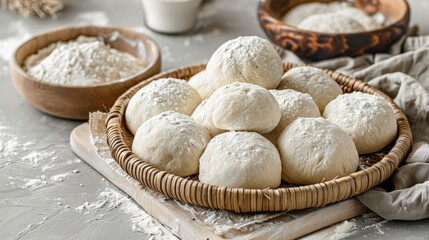 Fototapeta premium Dough Balls Ready For Baking in a Wicker Basket on a Floury Surface, Surrounded by Kitchen Ingredients