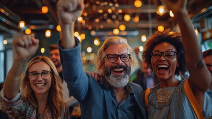 Fototapeta premium Joyful group of diverse people celebrating success, raising hands in a modern, warmly lit environment.
