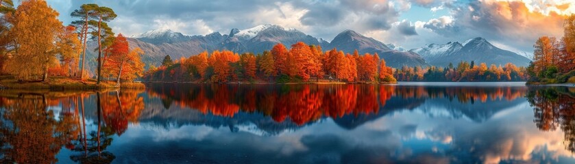 Obraz premium Stunning autumn landscape with vibrant colored trees reflecting on a calm lake surrounded by mountains under a cloudy sky.