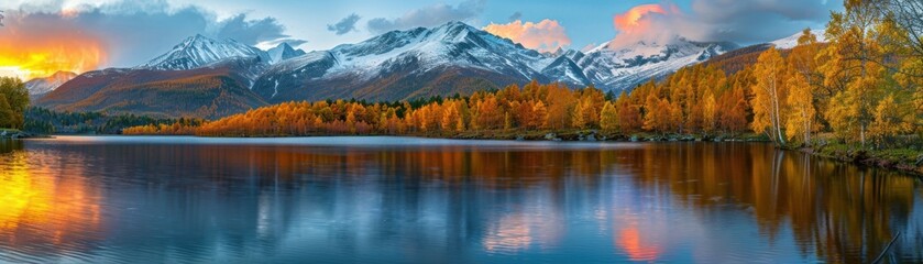 Stunning autumn mountain landscape with snowy peaks, vibrant foliage, and a tranquil lake reflection at sunset, showcasing nature's beauty.