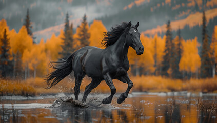 Obraz premium Beautiful friesian horse running around lake surrounded by mountains.