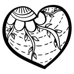 Outline heart with fantasy patterns, coloring page with flower and vines