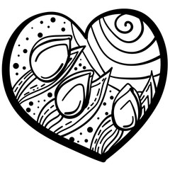 Outline heart with fantasy patterns, coloring page with tulips and spiral