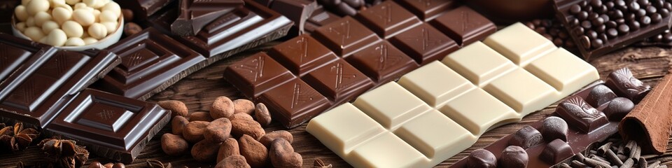 Fototapeta premium Assorted chocolate tasting event showcasing a variety of chocolates including dark, milk, and white chocolate, arranged elegantly on a table. Chocolate day, festival, holiday, friendship, dessert, HD 