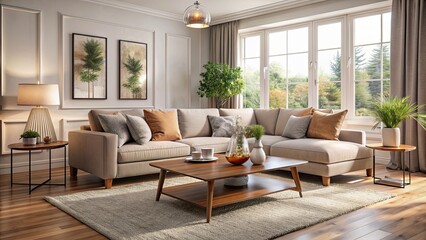Fototapeta premium Cozy living room with a comfortable sofa, elegant coffee table, and soft rug, cozy, living room, interior design, sofa, coffee table