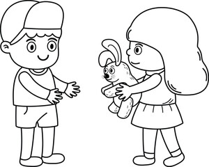 Kid girl giving a doll to a boy outline vector