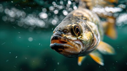 This underwater photograph captures a fish swimming directly towards the camera, with water ripples and a mix of light and shadow adding to the vibrant aquatic scene.