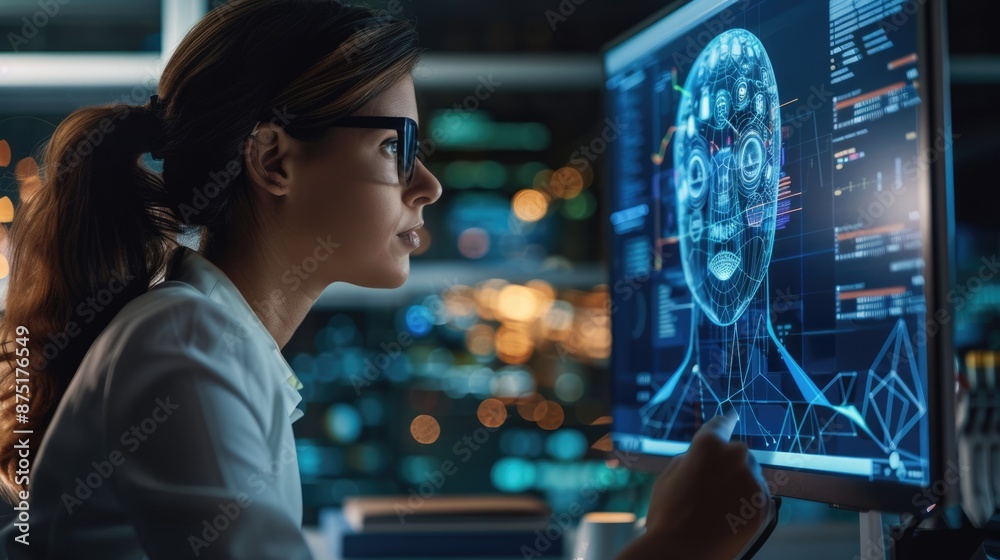 Poster focused female engineer working with ai data on multiple computer screens in a high-tech laboratory.