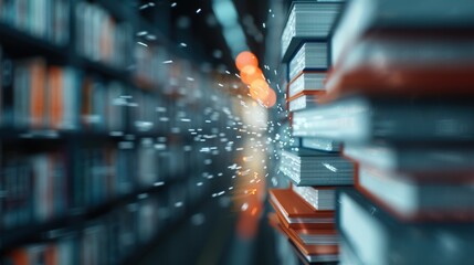 A visually engaging stack of books on a library shelf, interspersed with glowing particle effects, highlighting the compelling bridge between fantasy and knowledge.