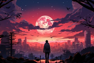 Naklejka premium Boy standing on a rooftop overlooking a city with a large red moon in the background