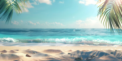 beach with beautiful sea and palm trees. sunny warm day on the beach with azure sea and clean sand. holiday at sea
