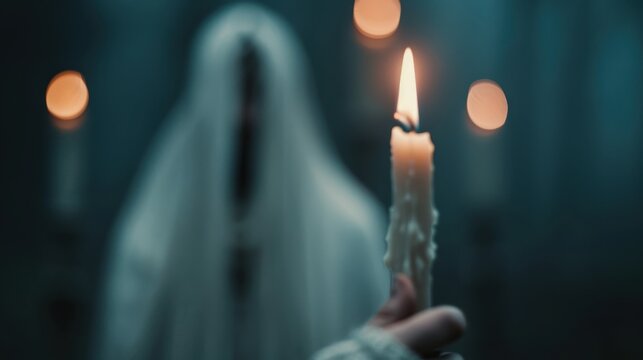 A hand holding a candle is focused prominently in the foreground while a ghostly figure draped in a white veil looms in the background, creating a mysterious and eerie atmosphere. - Powered by Adobe