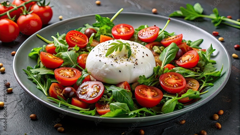 Sticker Fresh Italian salad with creamy burrata and mozzarella cheese, arugula, and tomatoes , Italian, salad, burrata, mozzarella