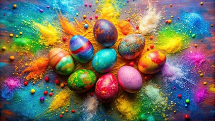 Colorful Easter eggs in vibrant splashes of paint, Easter, eggs, colorful, vibrant, paint, holiday, festive, celebration