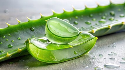 Freshly sliced aloe vera leaf with gel oozing out, healthy, natural, organic, skincare, beauty, plant, close-up, succulent