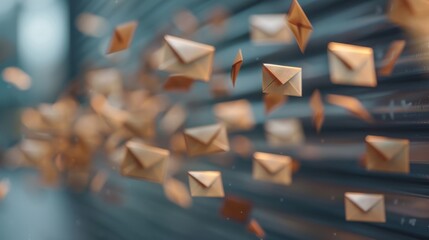 Several envelopes appear to fly against a dark backdrop, symbolizing communication, mail delivery, and the dynamic flow of information in the digital era.