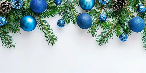 Festive Season: Pine Branches and Blue Ornaments