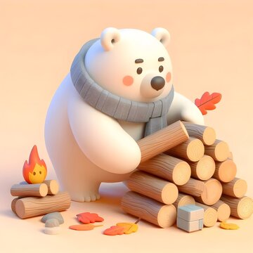3d cartoon polar bear gethering wooden logs on pastel background