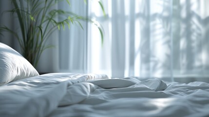 Inviting bedroom scene with sunlight casting delicate shadows through light curtains onto a bed with crisp white sheets, accompanied by a green plant adding a refreshing natural touch.