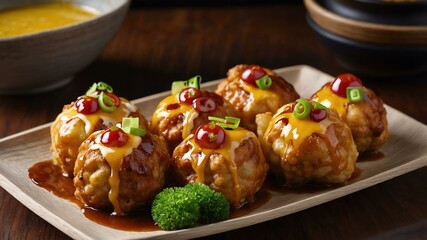 curry takoyaki with curry flavoring mixed into the bat served aesthetically in a wooden plate and table