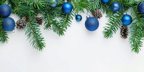 Festive Season: Pine Branches and Blue Ornaments