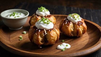 sour cream takoyaki topped with sour cream for a cream served aesthetically in a wooden plate and table