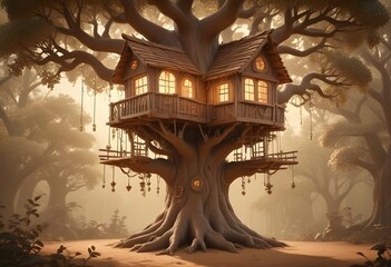 Magical treehouse on a large tree, colorful forest, lightsm lanterns, pendant shiny srystals from the branches, large moon in the background