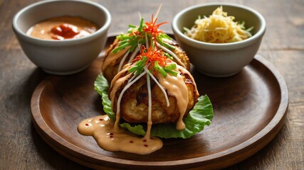 spicy mayo takoyaki topped with spicy mayonnaise for a served aesthetically in a wooden plate and table