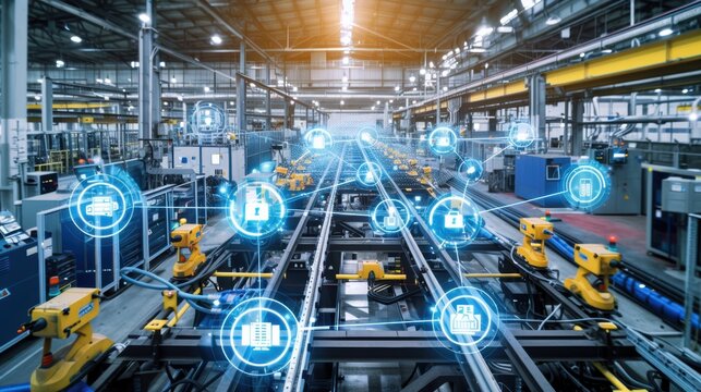 Modern industrial factory using automation and cloud computing for data exchange, improving efficiency and productivity