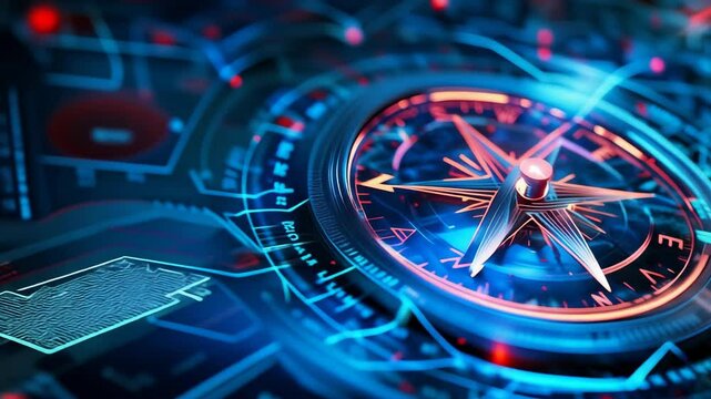 Futuristic digital compass with glowing blue and red lights and intricate details