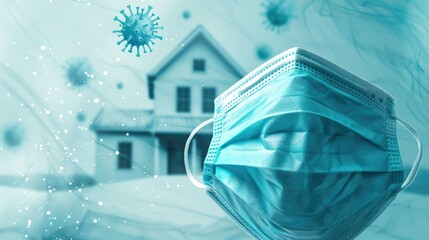 Surgical masks shield homes from COVID 19 in pandemic with isolated image of house and mask