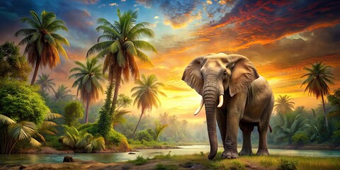 Elephant standing gracefully in colorful sunlit tropical landscape , Wildlife, majestic, tusks, savannah, Africa, Asian