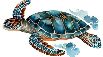 Naklejka premium Vibrant watercolor illustration of a sea turtle, capturing the beauty of marine life with detailed patterns and rich blue-green hues.
