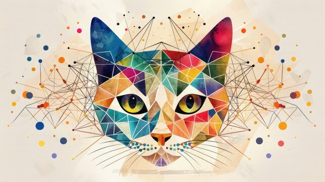 Vibrant geometric cat illustration with multicolored polygons and abstract patterns. Modern artistic style perfect for creative projects.