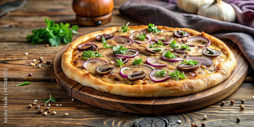 Sticker Delicious mushroom and onion pizza on a wooden board, pizza, food, Italian, cheese, vegetarian, savory, meal, gourmet, delicious