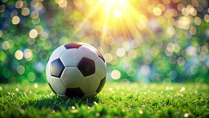 Fototapeta premium A soccer ball sits on a bed of green grass with sunlight shining through the leaves in the background