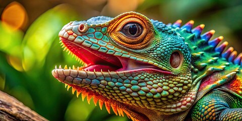 Fototapeta premium Colorful lizard with sharp teeth, lizard, colorful, reptile, teeth, sharp, exotic, animal, wildlife, vibrant, scales