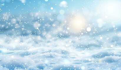 Fototapeta premium Abstract snow background with falling snowflakes and bokeh lights. Winter blizzard with light blue gradient sky. Christmas holiday