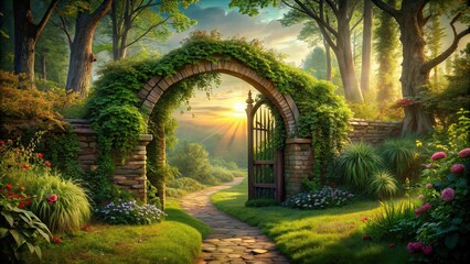 Obraz premium Enchanted gateway leading to a beautiful natural landscape , Portal, nature, splendor, forest, mystical