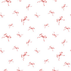 Bows and ribbons Red silk tapes. Seamless pattern, festive background. Hand drawn watercolor illustrations. Template for wallpaper, wrapping, textile, coquette core, gifts, girls decor, Valentines. .