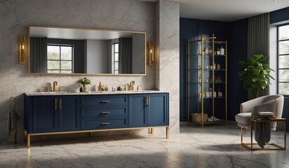 Modern bathroom with navy blue vanity and gold accents