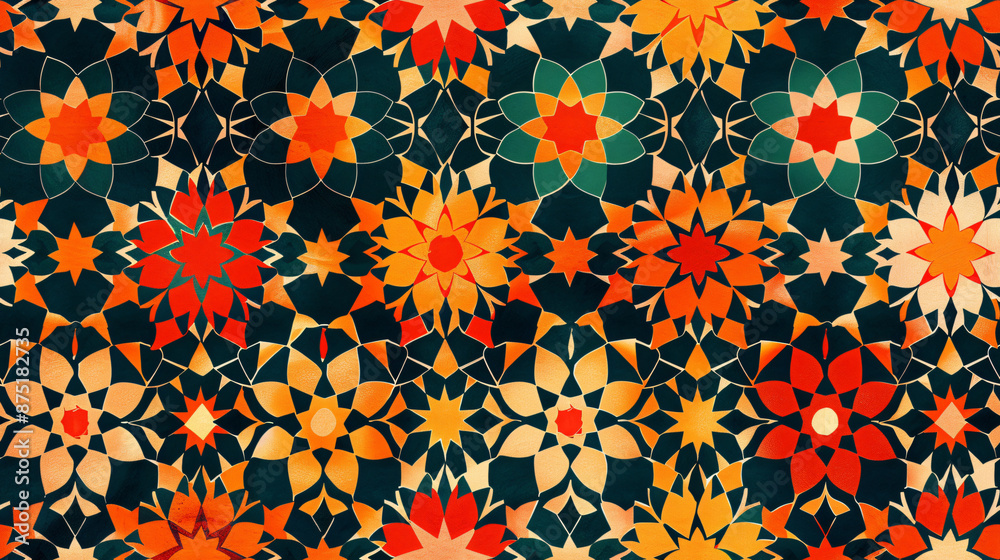 Poster repeated seamless floral pattern with colorful flower shapes on a black background, perfect for use 